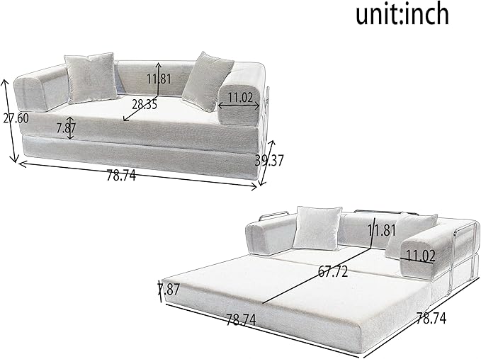 Modern Floor Sofa Bed with Bolster Pillows, Couch Bed,Foldable Sofa bigsize Sofa Convertible Lounger, Beige Corduroy