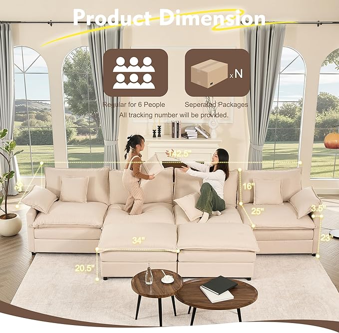 GOSUHI 142.5" U Shaped Couch, Modular Sectional Sofa, 3-Seater Comfy Cloud Couch with Movable Ottoman, Deep Seat Couches for Living Room, Linen, Beige