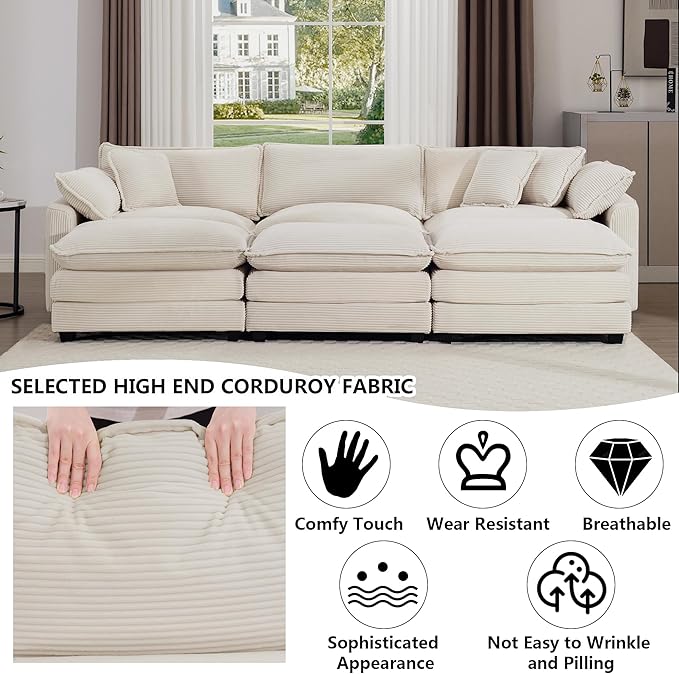 Aoowow Corduroy 3 Seater Sleeper Couch with Ottomans,Large Cloud Couches for Living Room,Tufted Modular Sectional Cloud Sofas Deep Seat,Oversized Chaise Lounge Sofa (Beige, 3 Seater + 3 Ottoman)