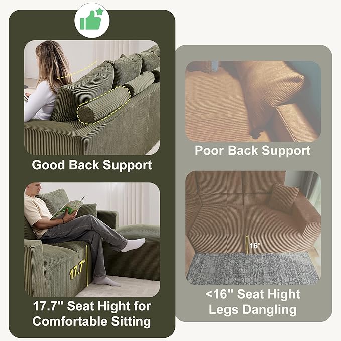 113" Modular Sectional Sofa, Compression Sofa with Deep Seat, Convertible Sofa Bed Couch with Ottoman, Upholstered Couches for Living Room Bedroom,No Assembly Required (Green Corduroy, 113" Sofa Bed)