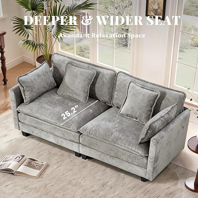 SoarFlash 77.95" Chenille Sectional Sofa, Comfy Modular Loveseat Sofa, Modern 2-Seat Couch Deep Seat Sofa Set for Living Room,Grey