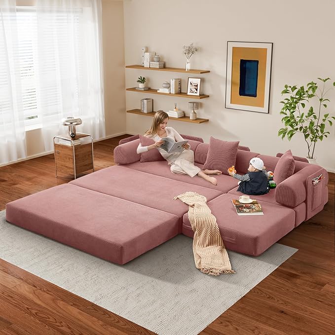 L Shaped Convertible Modular Boneless Sofa Bed with Cylindrical Pillow, Corduroy Folding Floor Sofa Couch Bed with Fixed-Shape Frame & Storage Pocket for Living Room, Pink