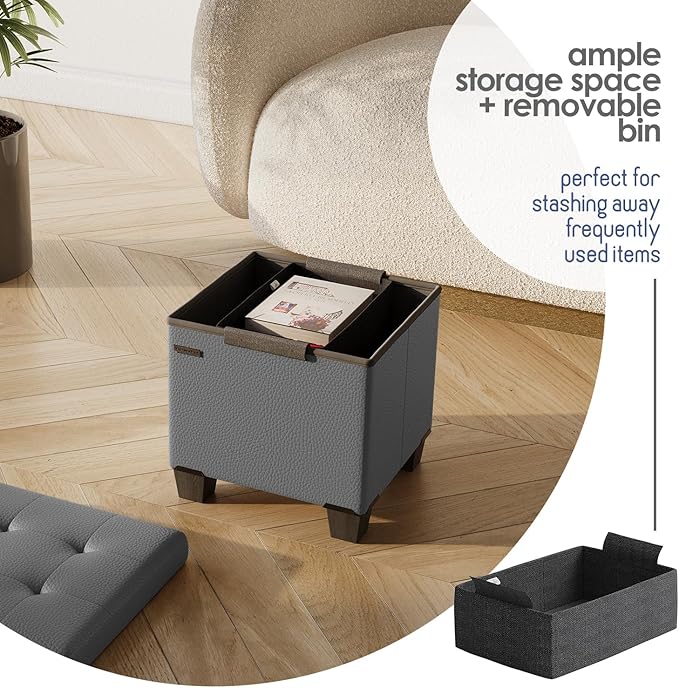 Storage Ottoman Cube with Small Bin, 16-in Square Ottoman with Storage for Living Room and Bedroom, Small Ottomans Foot Rest, Faux Leather Foot Stools Ottomans Max 330lbs, Grey
