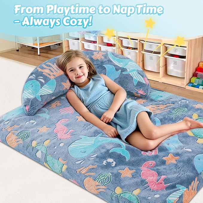 COMAX Bean Bag Chair for Kids, Dinosaur Convertible Toddler Beanbag Bed, Children Bean Chair Stuffed to Floor Mattress with Filler, Ocean Life