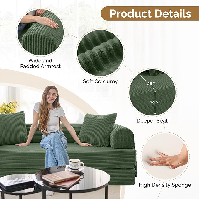 Convertible Coarser Corduroy Sleeper Sofa Bed with Cylindrical Pillow, Folding Mattress Couch with Fixed-Shape Frame, Floor Sofa Lounge Couch for Living Room Bedroom Lounge Studio, Green