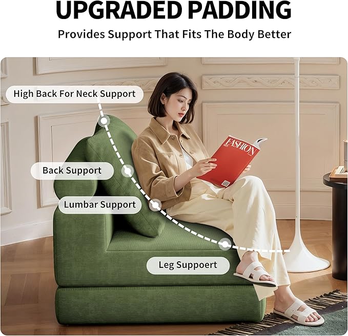 Folding Sofa Bed – Convertible Sleeper Chair Bed with Pillows/Single Floor Couch/Small Futon Couch Filled with High-Density Foam for Lounge, Guest Room or Office (Green)