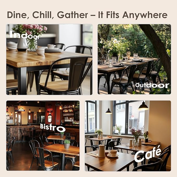 Metal Dining Chairs Set of 2,Stackable Tolix Chair Indoor/Outdoor for Kitchen,Cafe,Restaurant,Bistro & Patio Multiple Colors with High Backrest and Wood Seat(Black)