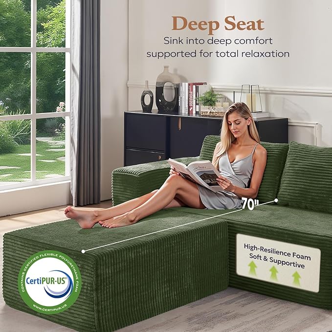 Furnify 67" Loveseat Sofa, Cloud Modular Couch, Upholstered Floor Sofa with Deep Seat, Upholstered Foam Sofa for Bedroom Living Room, No Assembly Required (Green, Plush Corduroy Fabric)