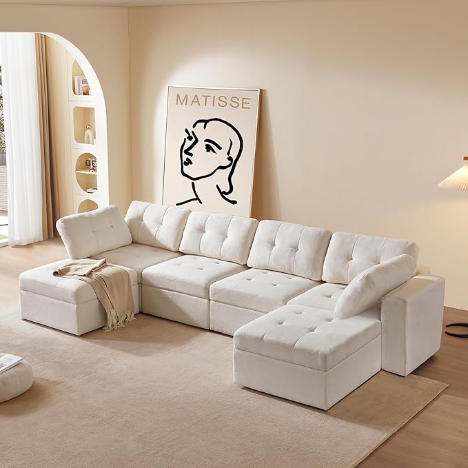 ORRD Oversize Modular Sectional Couch, Convertible U Shaped Sofa with Storage, 9 Seater Sofa Modular with Ottomans and Reversible Chaise for Living Room, Office (Beige White)