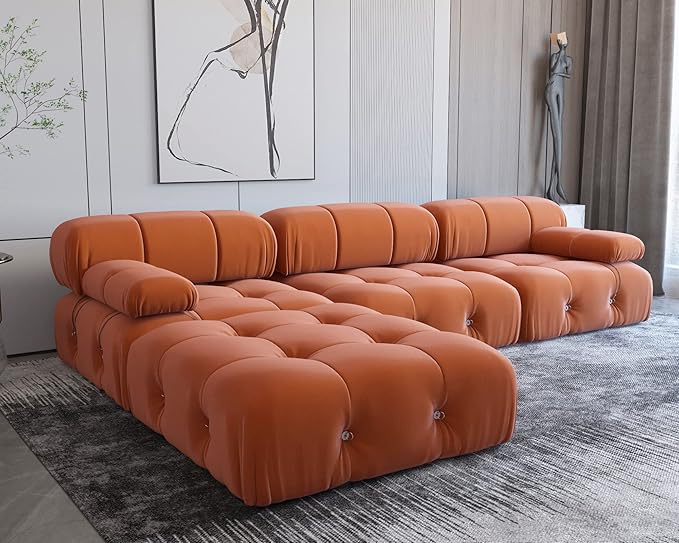 JACH 104" Sectional Couches for Living Room, L-Shaped Minimalist Velvet Sofas, Mid-Century Modular Sofa with Reversible Chaise Ottoman, Orange Sofas Furniture for Living Room, Apartment
