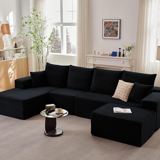 135.4" Cloud Sectional Couch with Ottoman,Modern U-Shaped Cloud Couch with Deep Seat,Comfy Corduroy 4-Seater Sofa,Memory Foam Sofa for Living Room,No Assembly(Black,Left-Facing Chaise)