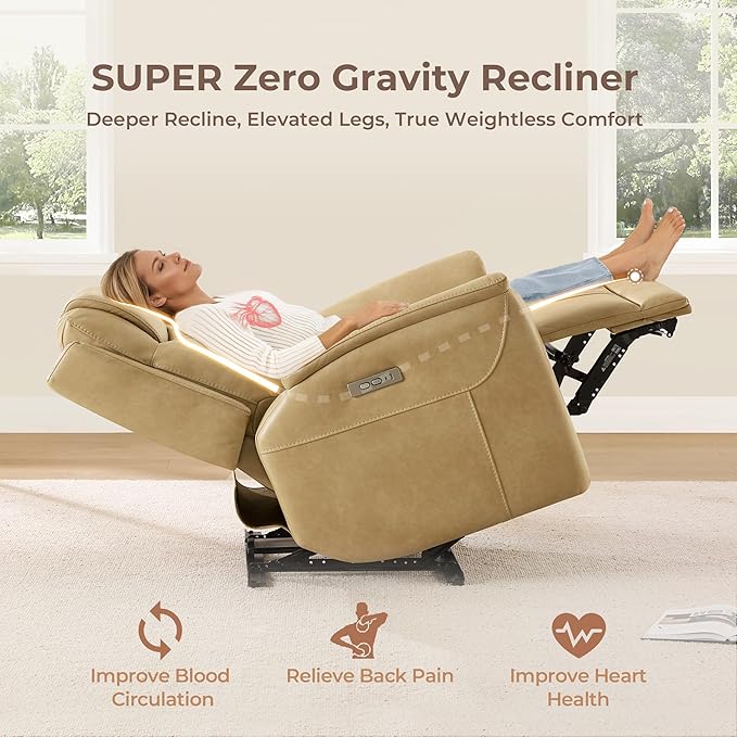 CHITA Power Recliner Chairs for Adults, Electric Leather Super Zero Gravity Recliner with USB & Type-C Charging Ports for Living Room, Bedroom & Home Theater Relaxation, Faux Leather in Tan