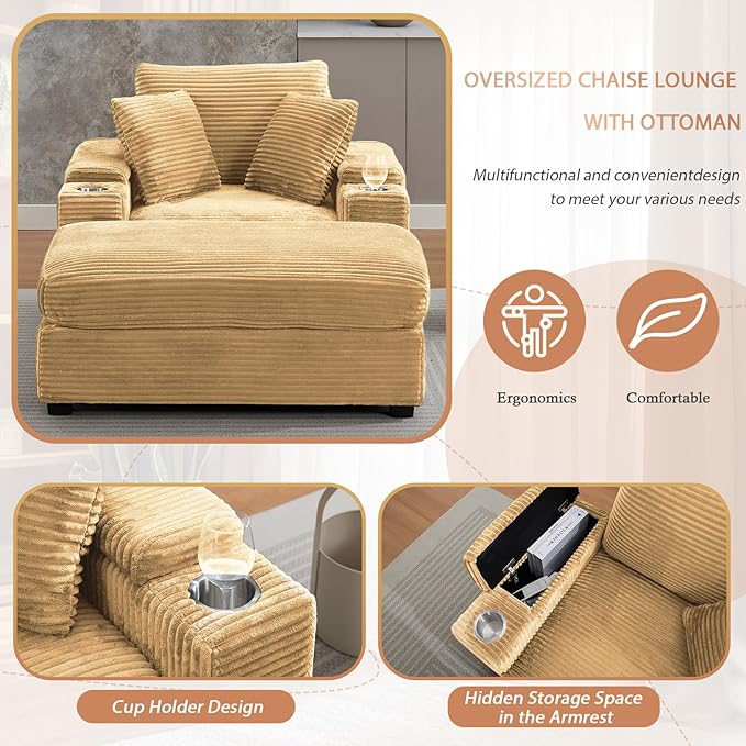 50" Oversized Indoor Chaise Lounge Chair with Ottoman & Storage, Reclining Sleeper Design, Comfy Deep Seat Corduroy Upholstered, Built-in Cup Holder, Ideal for Living Room, Bedroom, Yellow
