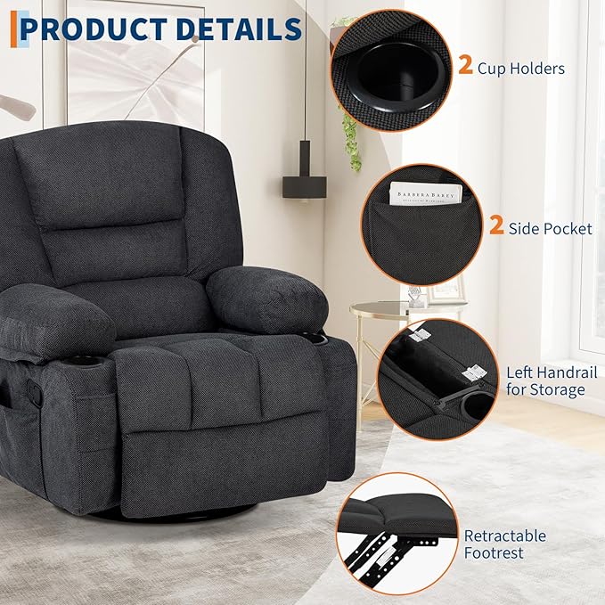 Rocker Recliner Chairs for Adults w/Vibration Massage and Heating,360° Swivel Rocker Glider Recliner,Extra Wide Manual Lazy Chair,Chenille Fabric Sofa Chair for Living Room,Bedroom,Black