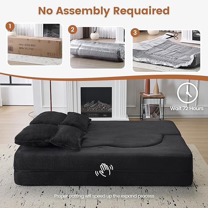 Orynveela Convertible Folding Sofa Bed, 78” Full Size Sleeper Loveseat, Chenille Full Foam Floor Couch for Living Room Bedroom, No Assembly Required (Black)