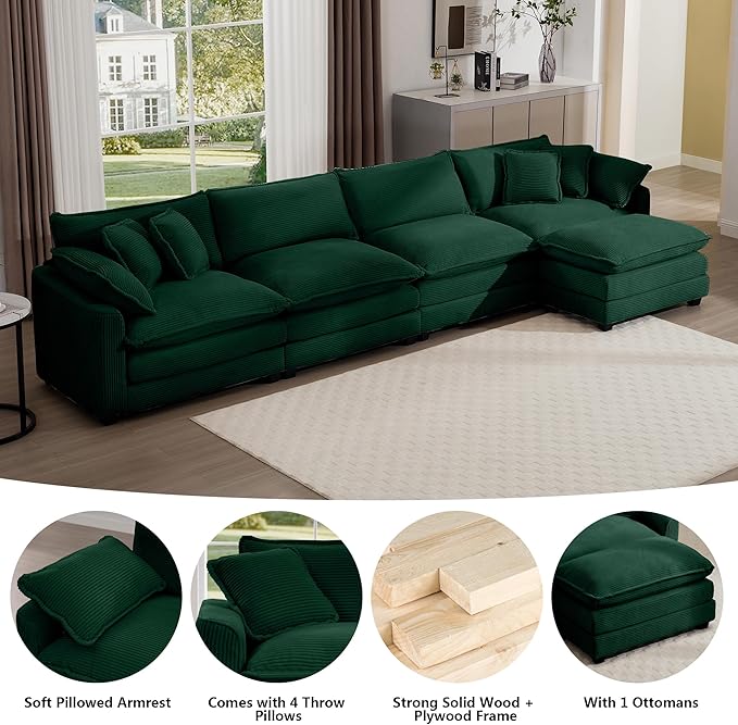 Aoowow Corduroy 4 Seater Cloud Couch with Ottoman,Modern Cloud Couches for Living Room,Modular Sectional Cloud Sofas with Deep Seat,Oversized Tufted L-Shaped Sofa Set (Green, 4 Seater + 1 Ottoman)