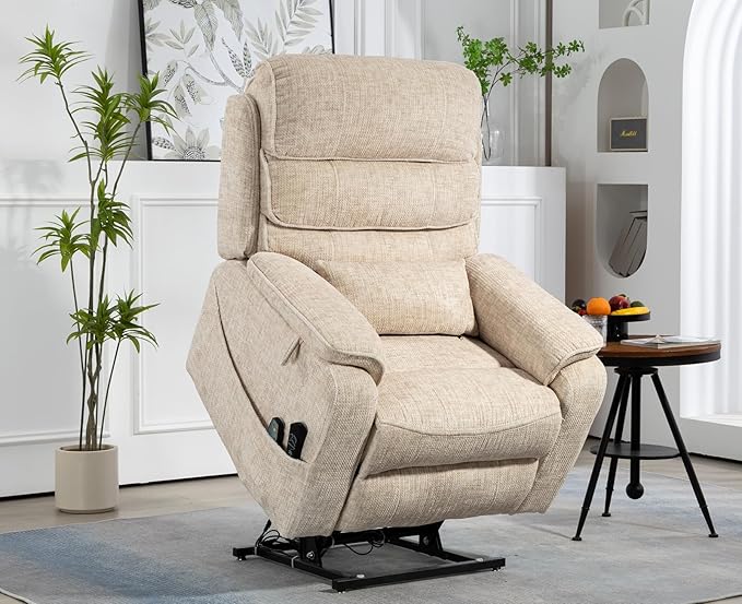 Cream Recliner Chair for Elderly | Tall and Big Man 400lbs | Velvet | Power Lift, Lay Flat, Stand Up, Wireless Charging Device, Extended Footrest, Massage Heat, Cup Holder, Lumbar Pillow