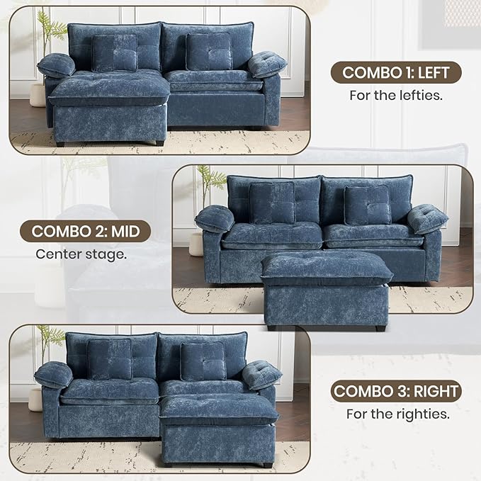 PALLOME 82" Deep Seat Comfy Cloud Couch, Modular Sectional Sofa with Movable Ottoman, L Shaped Chenille Sofa for Small Space, Modern Apartment Living Room & Office (Blue, 2-Seat + Ottoman)