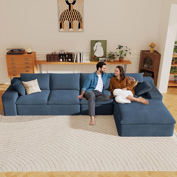 136" Cloud Sectional Couch with L-Shape Chaise, Modern Corduroy Viral Boneless Sofa for Living Room,Memory Foam Couches in a Box with Deep Seat,No Assembly Required (Blue,Right-Facing Chaise)