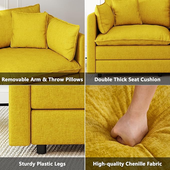 Aoowow Modular Sectional Sofa Modern Convertible L Shaped Couch,111.5 Inch Deep 3-Seater Sofas Set Comfy Chenille Cloud Sofas and Couches with Movable Ottoman for Living Room Apartment（Yellow）