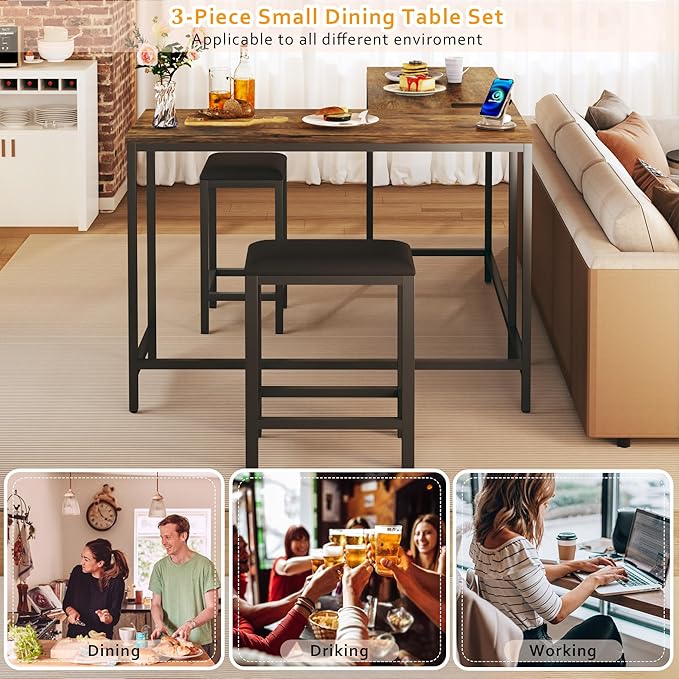 Bar Table and Chairs Set for 2-4, 63'' Convertible L-Shaped Kitchen Table with Power Outlets, 3 Piece Counter Height Small Dining Table with 2 Stools, Space Saving, Breakfast Nook Corner, Rustic Brown