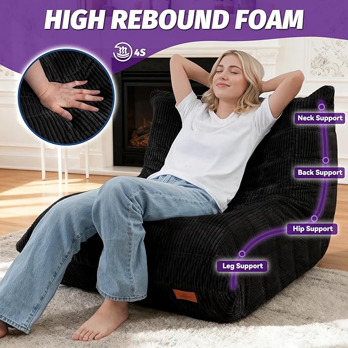 Bean Bag Chair,Giant Beanbag Chairs for Adults,Comfy Large Fireside Chair Lazy Sofa,Corduroy Bean Bag Lounger with Memory Foam Filled,Floor Sofa Couch for Home,Dorm,Living Room (Black)