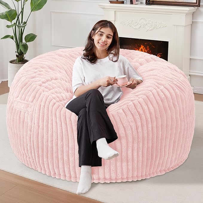 Homguava 4 FT Bean Bag Chair,4' Big Bean Bag,Large Bean Bag Chairs for Adults with Memory Foam Filled,Comfy Beanbag Chairs Soft Bean Bag Sofa with Dutch Corded Plush Cover-Soft Pink
