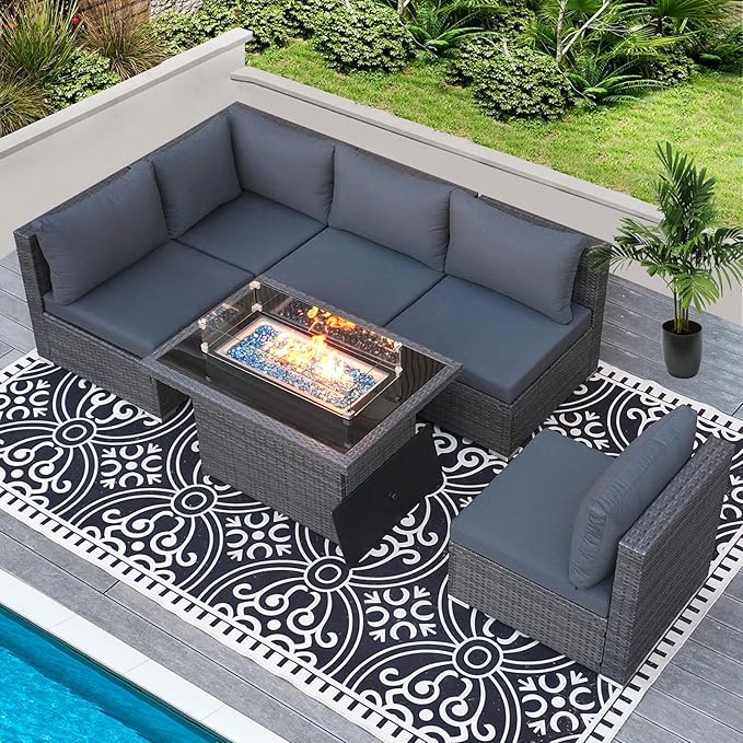 RADIATA 6 Piece Wicker Patio Furniture Set with Fire Pit, All-Weather Outdoor Sectional Couch High Back Large Size, Modular Backyard Seating Sofa Set with Propane/Natural Gas Firepit Table, Dark Grey