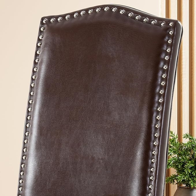 SNUGWAY Upholstered Dining Chair Stylish Parsons Kitchen High Back with Silver Nailhead Trim & Wood Legs, 6-Pack, PU Dark Brown