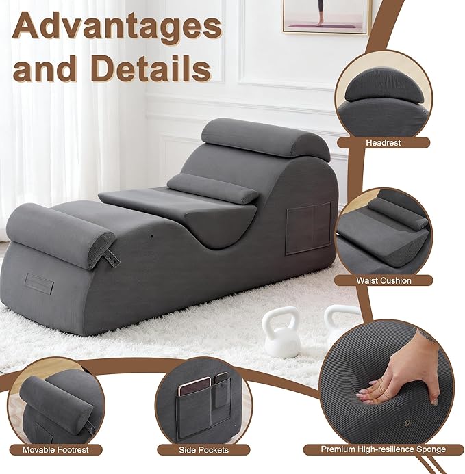 DRMBOOK Yoga Chairs for Adults, Corduroy Fabric Chaise Lounge with Headrest, Boneless Yoga Sofa Couch with Waist Cushion, Movable Footrest, Side Pockets for Relaxation Exercise Stretching (Grey)
