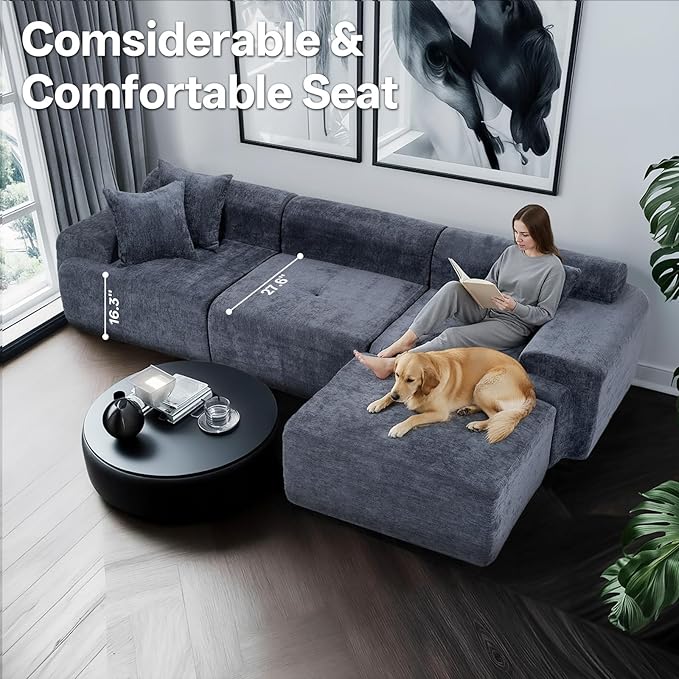 119’’ Modular Sectional Sofa Couch with Chaise, Deep Seat Cloud Couch for Living Room, Modern Chenille Upholstered Sectional with Throw Pillows, Compression Modular Sofa for Apartment or Bedroom, Blue