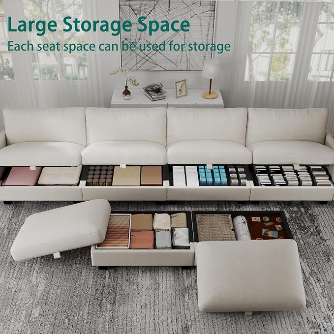 Modular Sectional U Shaped Sofa Couches for Living Room, Cloud Couch with Storage Ottoman, Comfy Chenille Sofa with Pillow, Beige