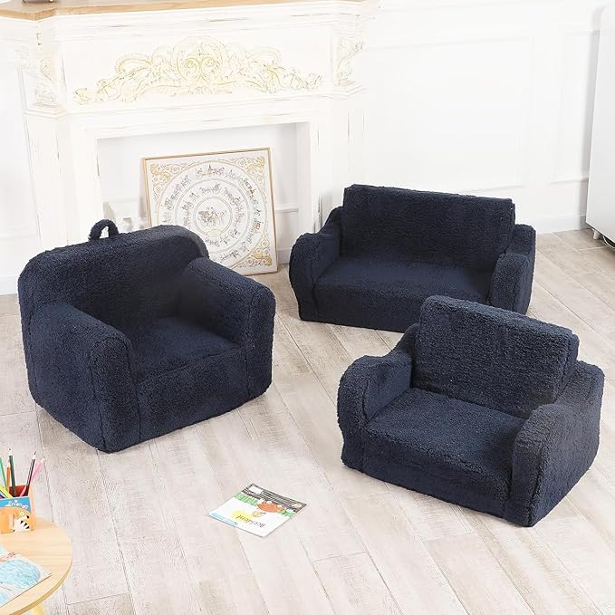 Kids Sofa, 2-in-1 Flip-Out Foam Couch with Soft Sherpa Cover, Cozy Play Lounge Chair, Dark Blue