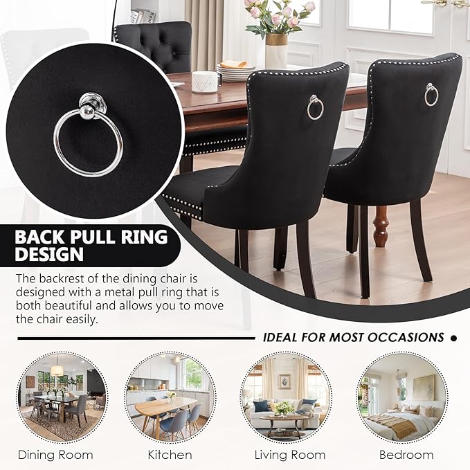 Kiztir Velvet Dining Chairs Set of 4, Upholstered Dining Room Chairs with Ring Pull Trim and Button Back, Luxury Tufted Dining Chairs for Living Room, Bedroom, Kitchen (Black)