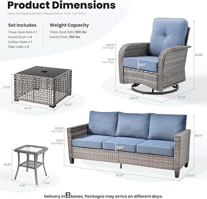 ovios 8 Pieces Patio Furniture Set, Outdoor Wicker Sofa Couch with Rocking Swivel Chairs Solar Lights Table, Modern Deep Seat Rattan Conversation Sets for Deck Porch, Denim Blue
