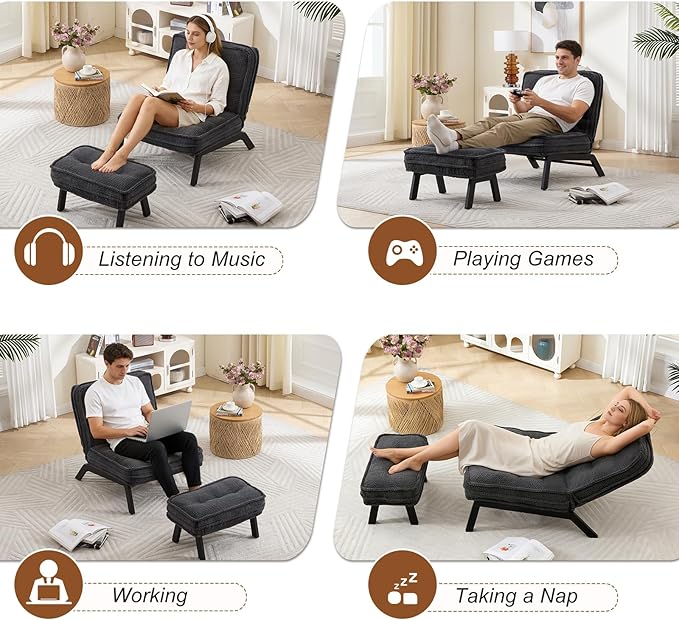 ANJ Accent Chair with Ottoman Adjustable Backrest, Living Room Chair Tufted Upholstered Lounge Chair with Footrest Set, Modern Chair Cozy Reclining Chair for Reading Room Bedroom