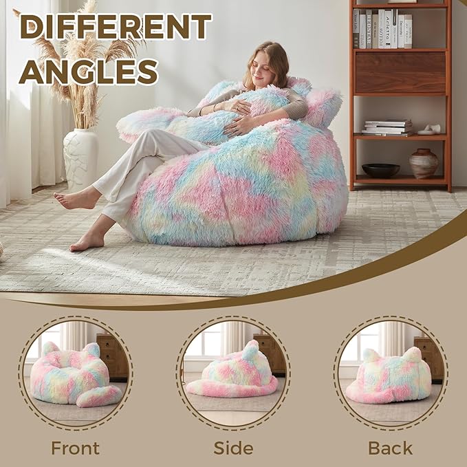 Bean Bag Chair for Adults Teen,Giant Bean Bag Chairs Cat Design,Plush Faux Fur Beanbag Couch Comfy Accent Floor Sofa for Reading, Playing, Relaxing in Living Room, Bedroom
