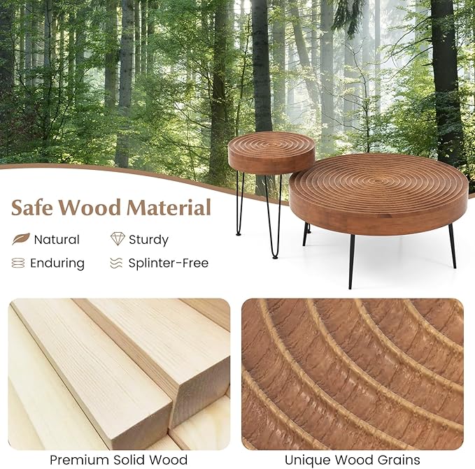 Giantex Boho Round Coffee Table Set of 2, Sofa Side Nesting Table with Solid Pine Wood Top, Metal Legs & Adjustable Foot Pads, 31.5" D Large Table Set for Living Room (Ring Pattern, Brown)