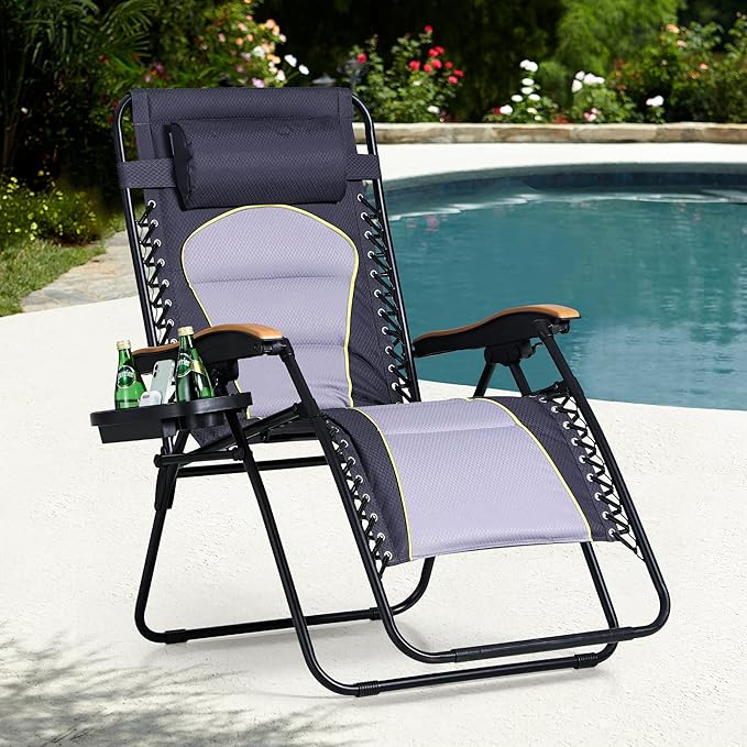 Sophia & William Oversized XL Zero Gravity Chair Padded Folding Lounge Chair with Cup Holder, Support 400 LBS, Grey
