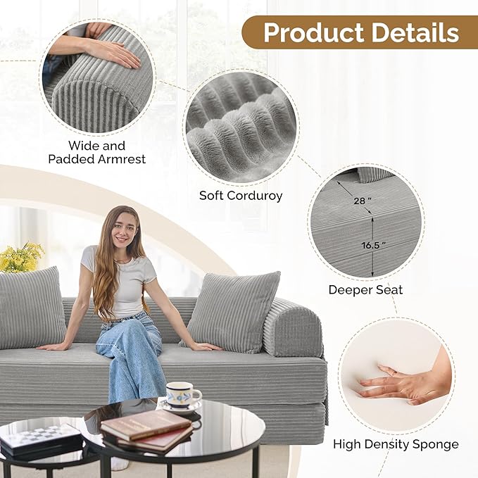 Convertible Coarser Corduroy Sleeper Sofa Bed with Cylindrical Pillow, Folding Mattress Couch with Fixed-Shape Frame, Floor Sofa Lounge Couch for Living Room Bedroom Lounge Studio, Grey