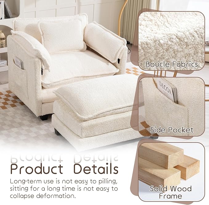 KEIKI Boucle Accent Chair with Storage & Ottoman, Oversized Reading Arm Chair w/Double Cushion, Modern Side Deep Seating Chairs Set, Corner Comfy Lounge Armchair for Living Room, Bedroom, White