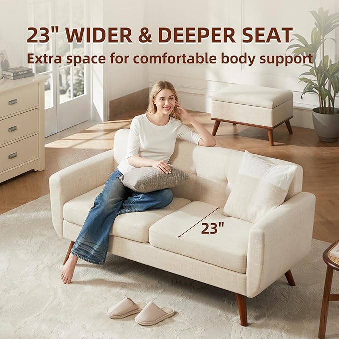 Tbfit 65" W Loveseat Sofa, Mid Century Modern Decor Love Seat Couches for Living Room, Button Tufted Upholstered Small Couch for Bedroom, Solid and Easy to Install Love Seats Furniture, Beige | linen fabric, button tufted, solid wood foot, pocket sprin...