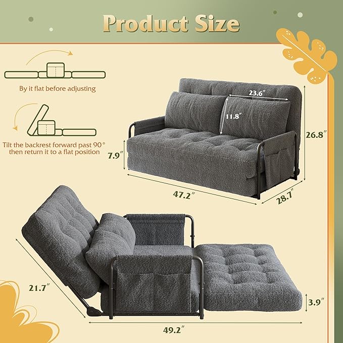 WLIVE Futon Sofa Bed with Adjustable Backrest, Bean Bag Chairs for Adults, Floor Couch with Armrest, Pillow, Low Profile Floor Seating for Living Room, Reading, Bedroom, Loveseat, Grey