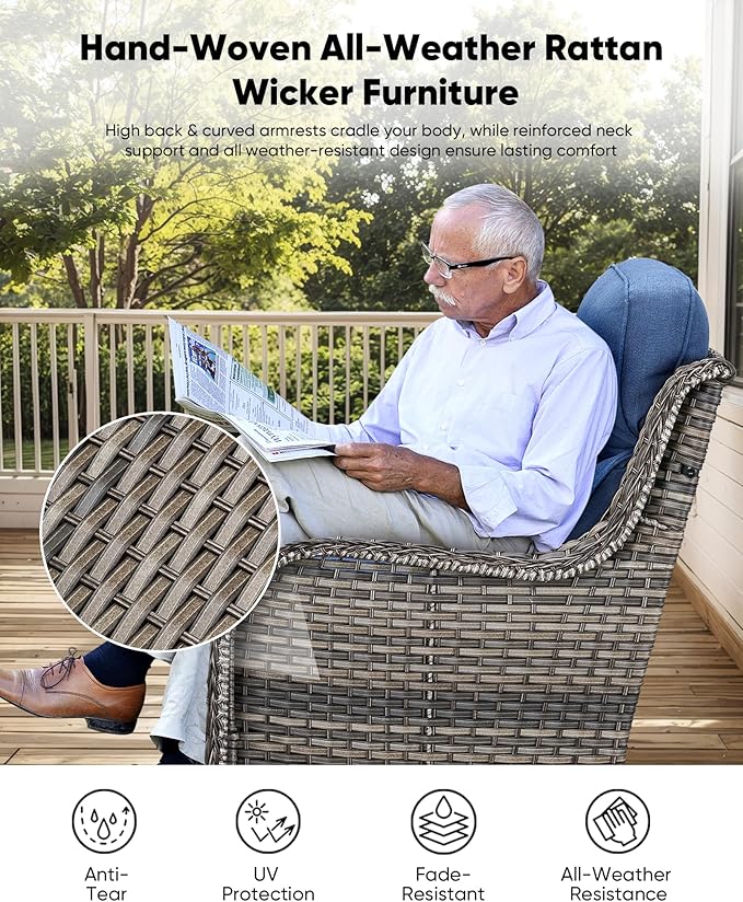 HUMMUH 8 Pieces Wicker Patio Furniture Set with Patio Swivel Chairs Set of 4,High Back Outdoor Sofa Coffee Table Ottomans,6 Inch Thick Cushions Outdoor Conversation Set for Porch, Balcony, Deck