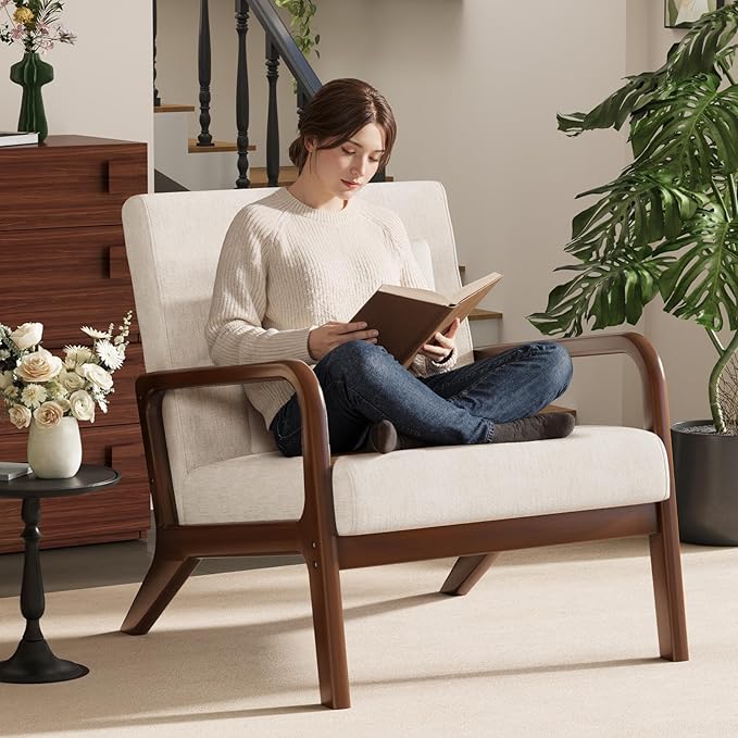 ELUCHANG Mid-Century Modern Chair,Accent Chair with Lumbar Pillow,Upholstered Armchair,Linen Fabric Comfy Reading Chair Beige, Linen, Set of 2