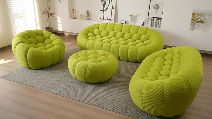Modular Sectional Sofa,Bubble Couch Set,1 Seater+ LoveSofa+ 3 Seater+Ottoman,Modern Upholstered Bean Bag Sofa Couch Mesh Fabric Lazy Floor Chair Living Roon Sets (Lemon Green, 98.43"+79"+48"+42")