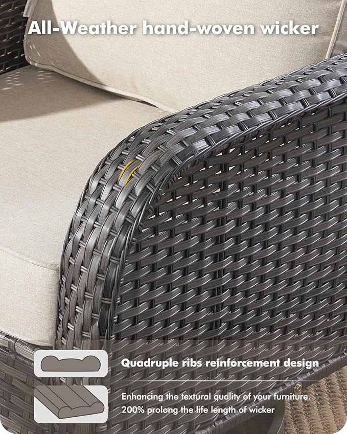 CAODOC 3-Piece Swivel Rocking Rattan Chair Outdoor, Patio Bistro Furniture Conversation Set, Wicker Chair with Coffee Table Beige