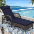 WINGTU Outdoor Chaise Lounge Chair, PE Wicker Long Recliner Patio Lounge Chair with Cushion, 6-Position Patio Reclining Sun Lounger with Adjustable Backrest for Poolside, Armrest & Pillow, Navy Blue
