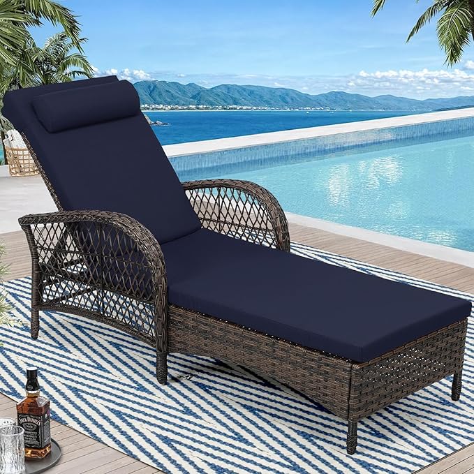 WINGTU Outdoor Chaise Lounge Chair, PE Wicker Long Recliner Patio Lounge Chair with Cushion, 6-Position Patio Reclining Sun Lounger with Adjustable Backrest for Poolside, Armrest & Pillow, Navy Blue