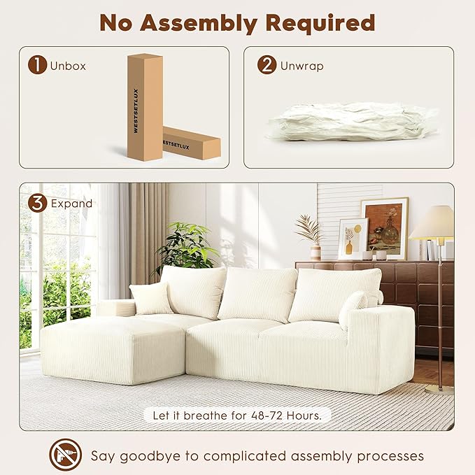 WESTSETLUX 108” Cloud Sectional Sofa Couch with High-Seat, Corduroy Modular Sofa with Oversized Chaise, High-Back Modern L-Shaped Couches for Living Room, No Assembly Required (White)